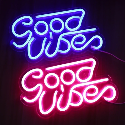 27.5 * 15cm Custom Blue Good Vibes Neon Sign para decoración de la pared del dormitorio Iluminación con USB