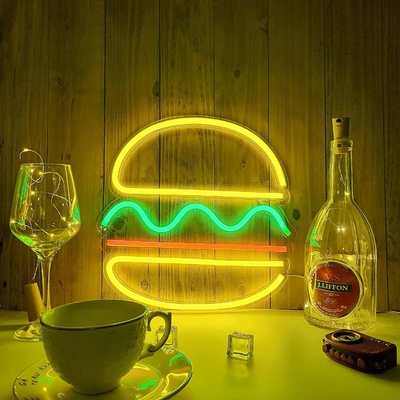 Cartel de luz de neón de hamburguesa personalizada para bar de comida rápida Bistro Cantina se abre en la ventana