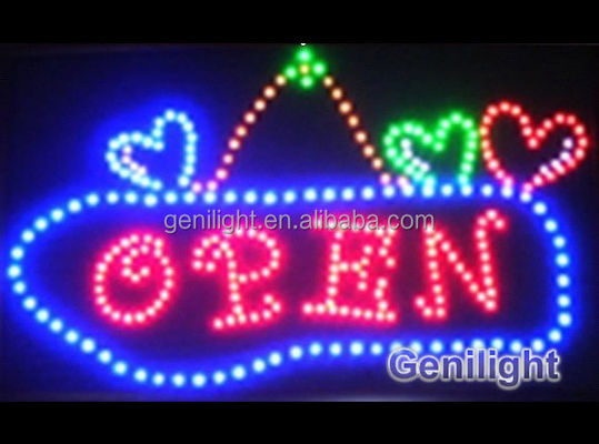 Modo de animación intermitente Genilight 56*33 cm Color completo LED electrónico de neón OPEN Sign