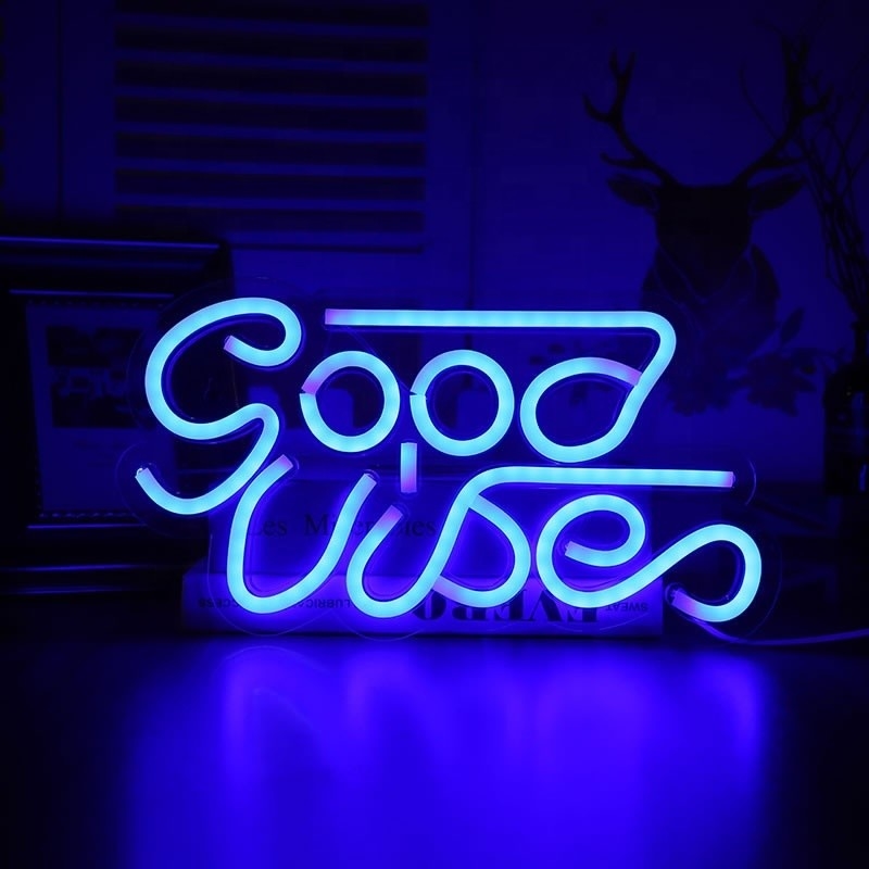 27.5 * 15cm Custom Blue Good Vibes Neon Sign para decoración de la pared del dormitorio Iluminación con USB