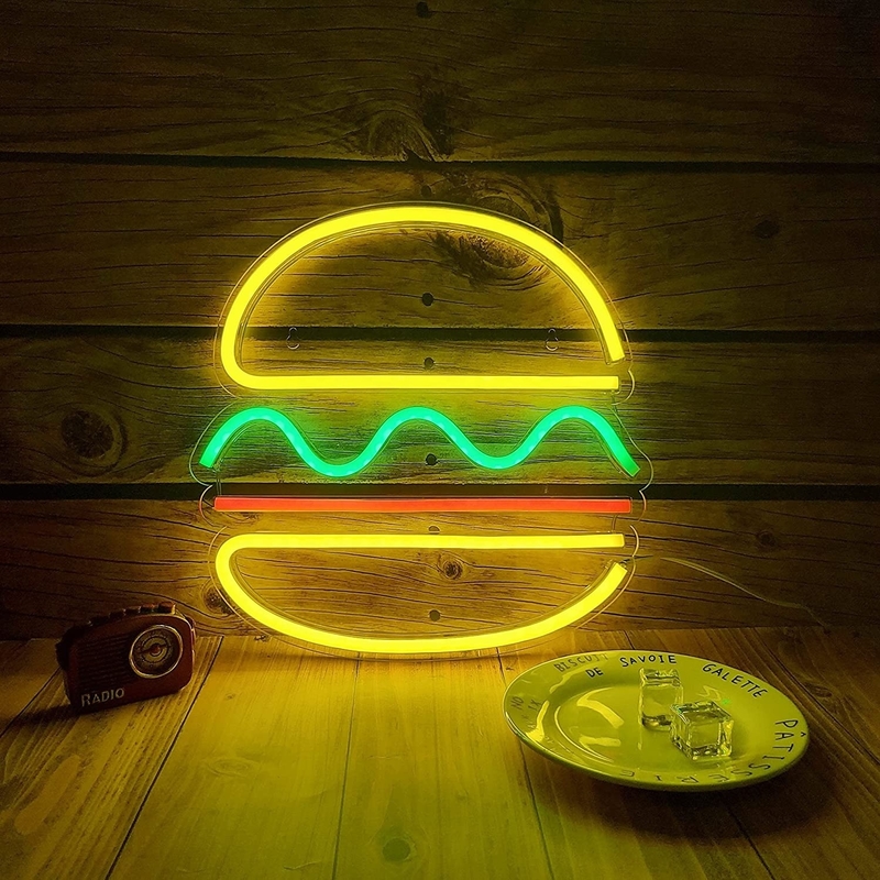 30*30cm Luz de neón LED USB alimentado hamburguesa Signo de neón de pared de arte Consumo de energía 0