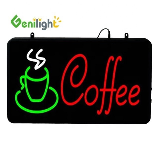 Super brillo taza de café de neón abierto con tablero frontal acrílico 56 * 33 tamaño del panel