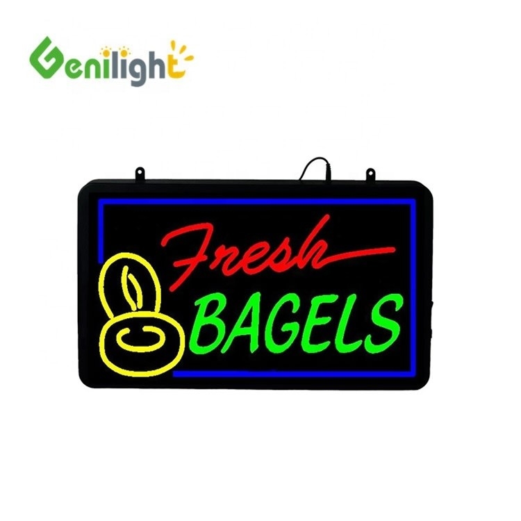 Decoraciones delanteras de la tienda Tablero de neón LED para bagels frescos Dimensión de pantalla 56 * 33cm