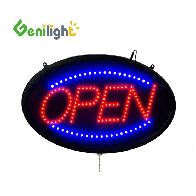 Signos de apertura LED con opciones de encendido/apagado y parpadeo en forma ovalada brillante 58*36 Tamaño del panel