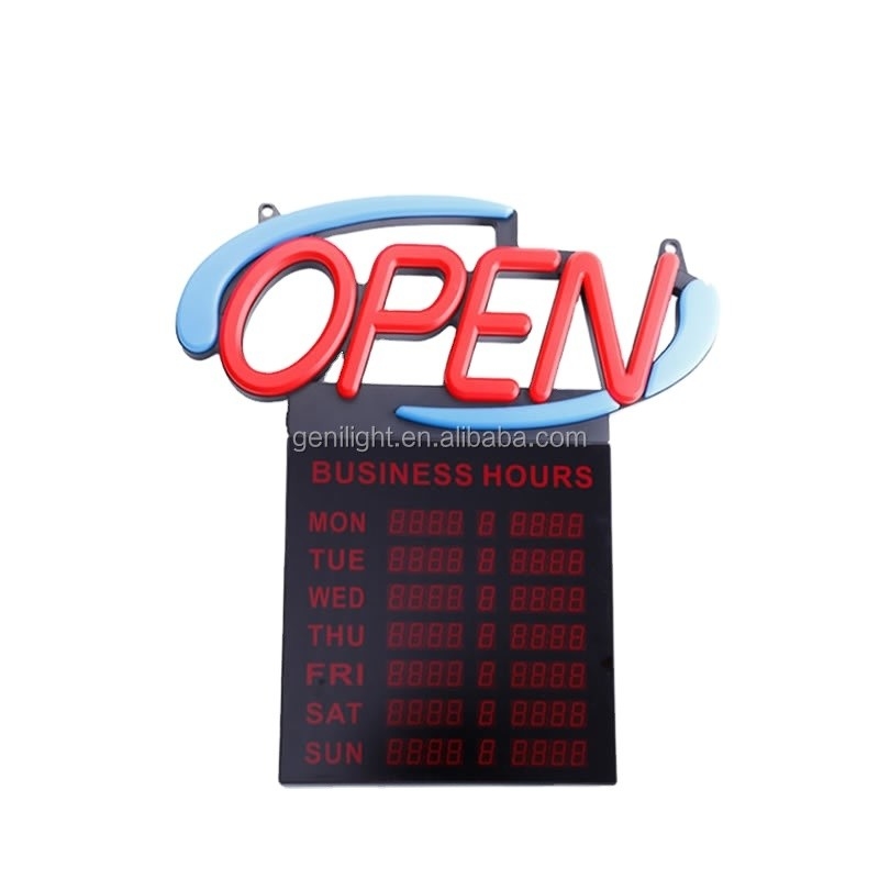 Signo abierto de neón LED acrílico con horas 12V Voltado de entrada Diseño fácil y de moda 54x52cm